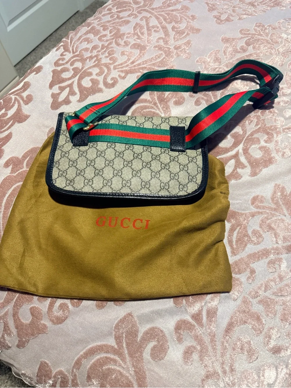 Beige Belt Bag with Green & Red Web Strap - Picture 2 of 4